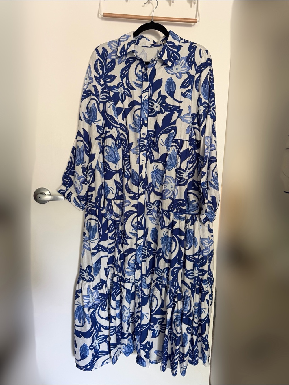 Blue and White Floral Button-Front Women's Maxi Shirt Dress with Long Sleeves
